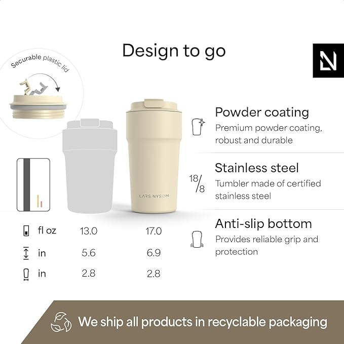 LARS NYSØM Thermo Coffee Mug to go 17oz | Travel Mug 0.5 Liter with Insulation | Silicone grip base | Leak Proof Stainless Steel Tumbler for Coffee and Tea on the Go (Powder Beige, 17oz)
