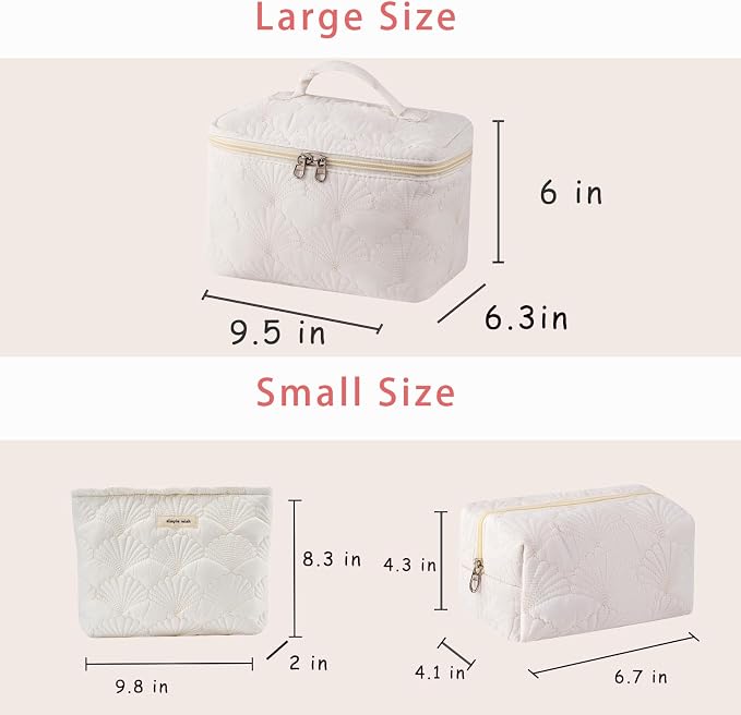 uekeboag 3Pcs White Shell Quilted Cotton Makeup Bag | Foldable,Lightweitht,Coquette Quilted Toiletry Bag for Women and Girls