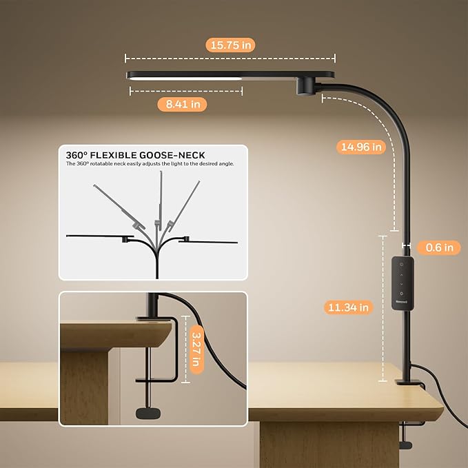 Honeywell HJ2 Sunturalux™ Clamp LED Desk Lamp, CRI≥97 Full-Spectrum Eye-Caring Light, 3 Color Modes & Stepless Dimming, 16" Flexible Gooseneck for Reading, Home Office, Art Creation (Black)