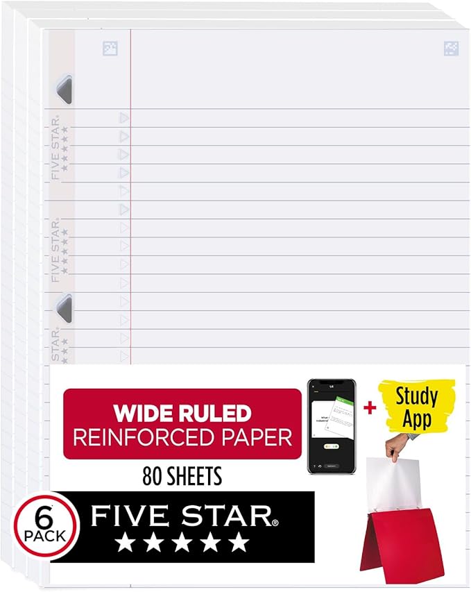 Five Star Loose Leaf Paper + Study App, 3 Pack, Notebook Paper, Wide Ruled Filler Paper, Reinforced, Fights Ink Bleed, 8" x 10 1/2", 80 Sheets per Pack (150024)