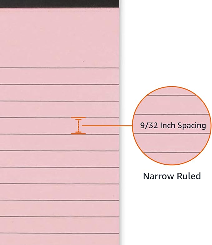 Amazon Basics Narrow Ruled Writing Pads, Perforated, 5" x 8", Multicolor, 6-Pack of 50 Sheets