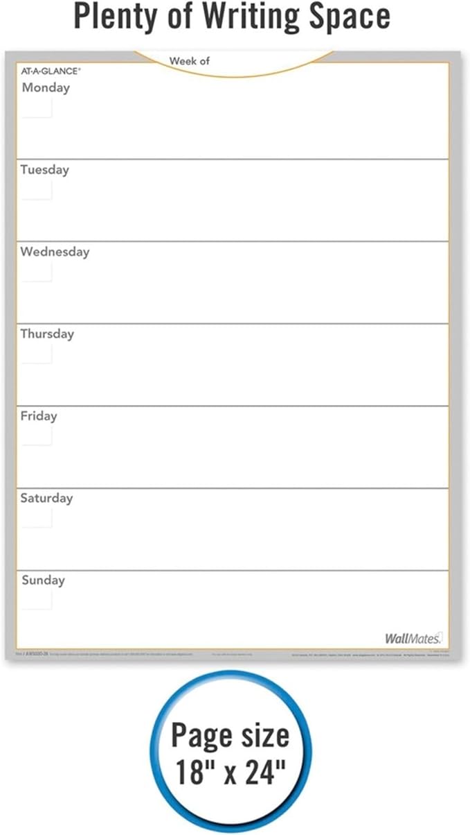 AT-A-GLANCE WallMates Dry-Erase Weekly Planning Surface, 24" x 18", Large, Undated, Self-Adhesive (AW503028)