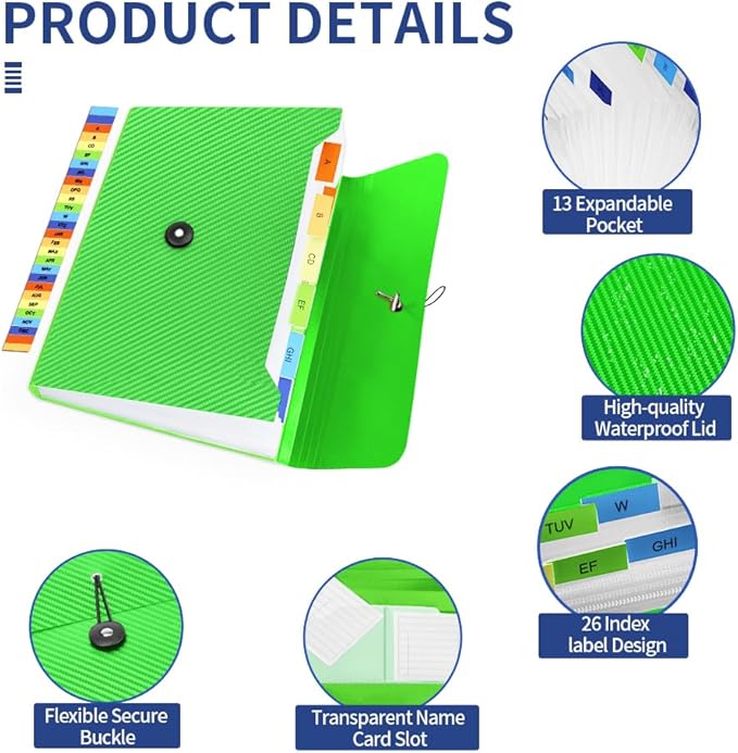 Expanding File Folder, 13 Pockets Accordian File Holder Organizer, A4 Letter Size Paper Document Receipt Organizer Accordion Filing Folder for Classroom, Home, Office and Travel, Green