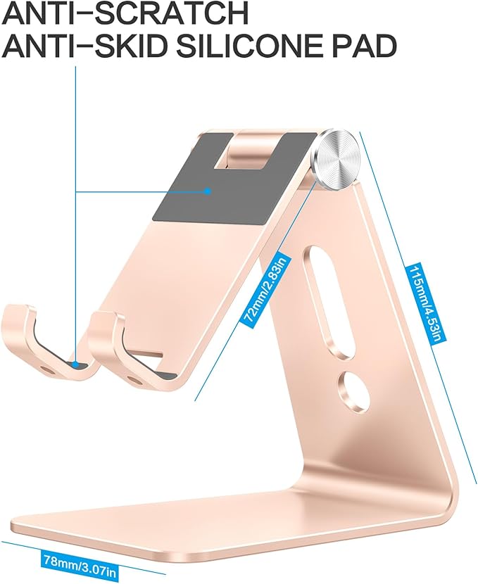 OMOTON Adjustable Cell Phone Stand, C2 Aluminum Desktop Phone Dock Holder Compatible with iPhone 15 14 13 Pro, SE, XR, 8 Plus 7 6, Samsung Galaxy, Google Pixel and More, Gold