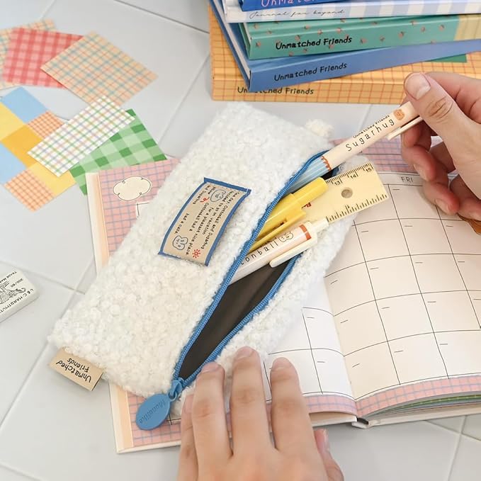 Monolike Unmatched Friends Bbogeuli Pencil Case, Ivory - Slim Fuzzy Fleece Pen Pouch for Daily Use with Stain-Resistant Lining