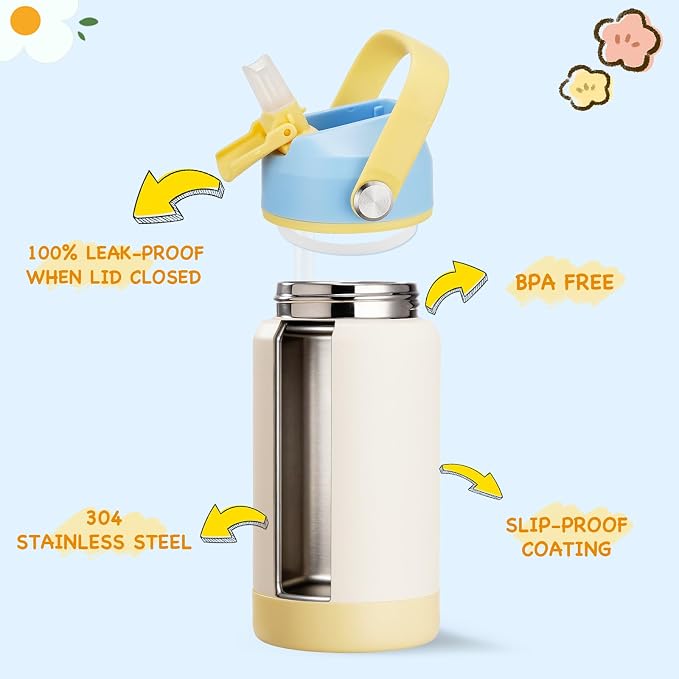 Kerilyn 12oz Water Bottle, Stainless Steel Insulated Water Bottle with Straws Leak-Proof, Water Cup Double Wall Vacuum, BPA Free, Beach Day
