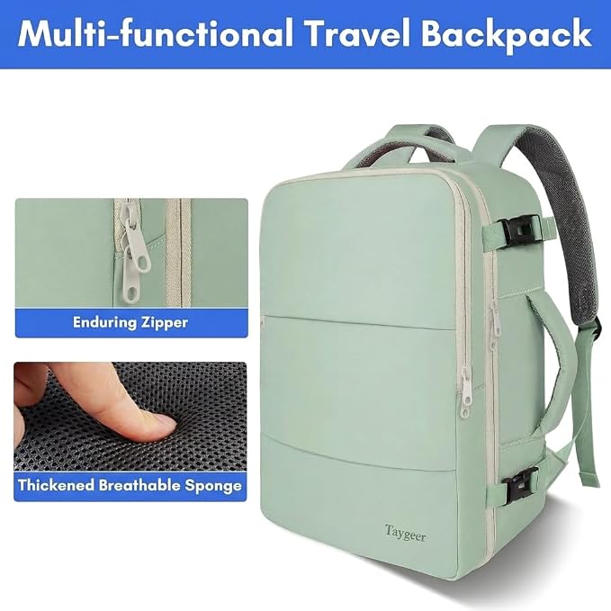 Taygeer Carry On Backpack, 40l Travel Backpack for Women Airline Approved | Cute 17.3" Personal Item Travel Bag with Shoe Pouch, Casual Daypack Gifts for Friend Hiking Weekend, Green Beige