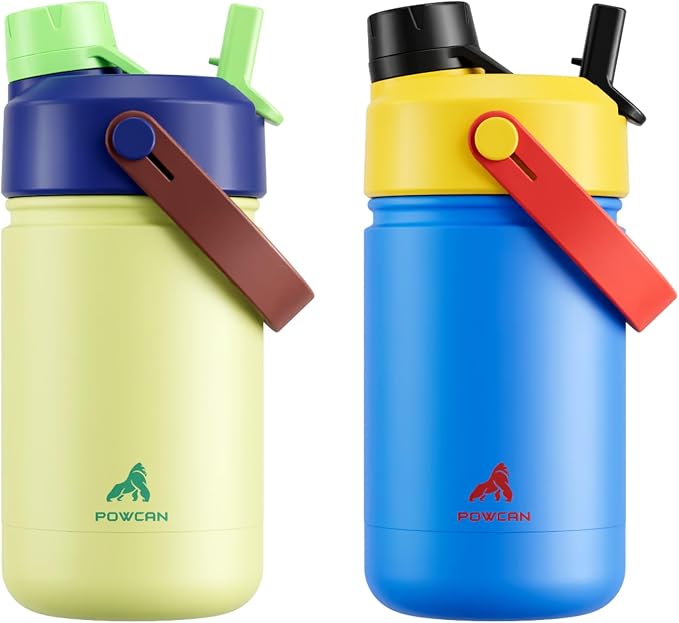 POWCAN 2 Pack 12 oz Kids Insulated Water Bottle for School: Leakproof, 2-in-1 Straw Spout Lid, BPA-Free, Keep Cold 24 Hrs, Stainless Steel Cup for Girls, Boys, Teens (Sailor Quack & Infinity Beam)