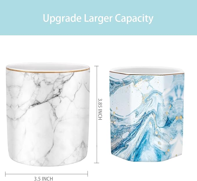 Pen Holder for Desk Cute, Modern Marble Desk Organizer, Durable Ceramic Pencil Cup, Makeup Brush Holder Cup, Multifunctional Office Stationery Holder for Women, Men, White Marble