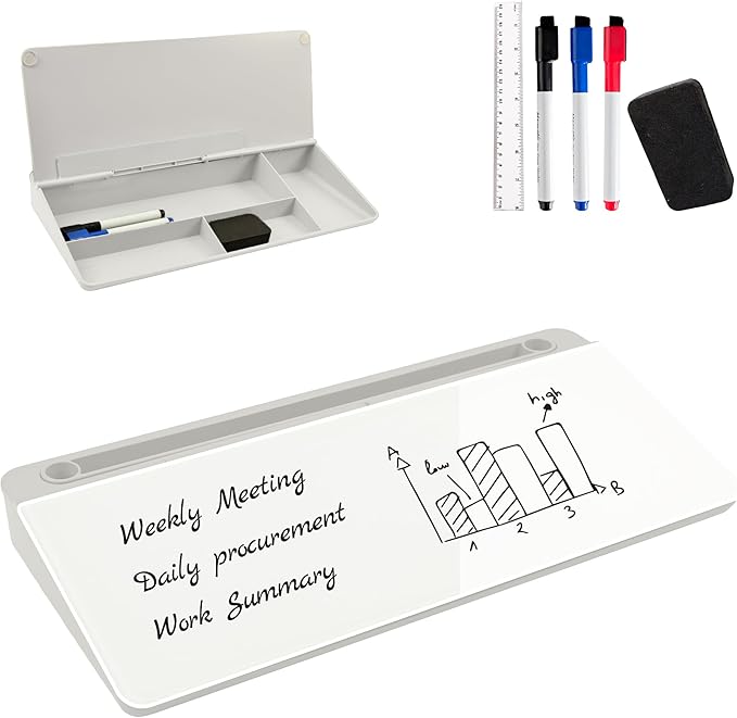 Desktop Whiteboard, Glass Dry Erase Board, Desk Board Buddy,Computer Keyboard Stand,Desk Whiteboard Organizer for Home,Office,School Supplies(White)
