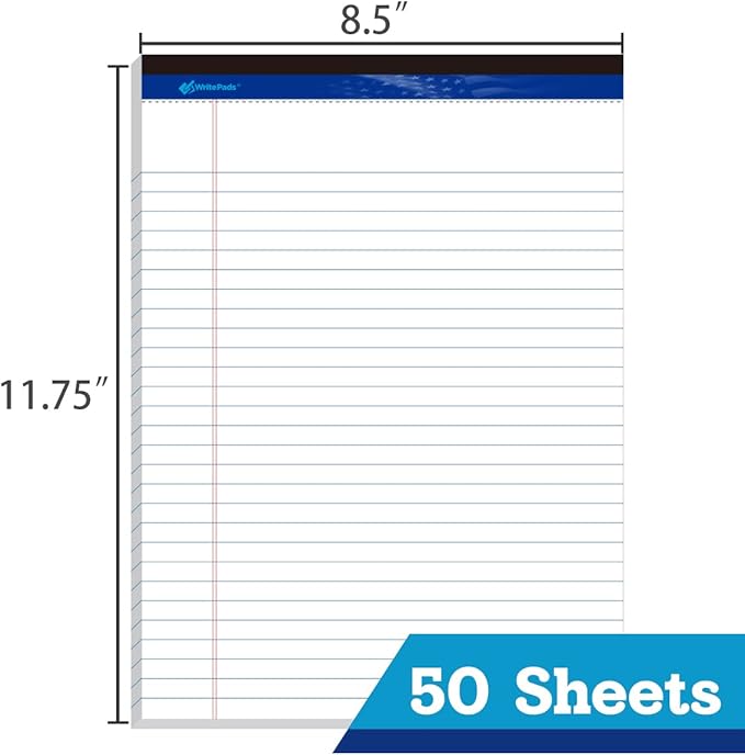 WritePads Legal Pad, 8.5 x 11, Wide Ruled, White Paper, 48-Pack, 50 Sheets Per Pad, Micro-Perforated Notepad, Office Supplies Made in USA