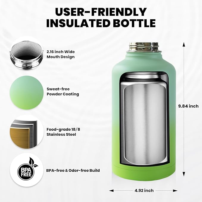 RAYMYLO Insulated Water Bottle 64 oz, Triple Wall Vacuum Stainless Steel (Cold for 48 Hrs), Leak Proof & Non-BPA, Half Gallon Water Flask Jug with Paracord Handle & Straw Spout Lids