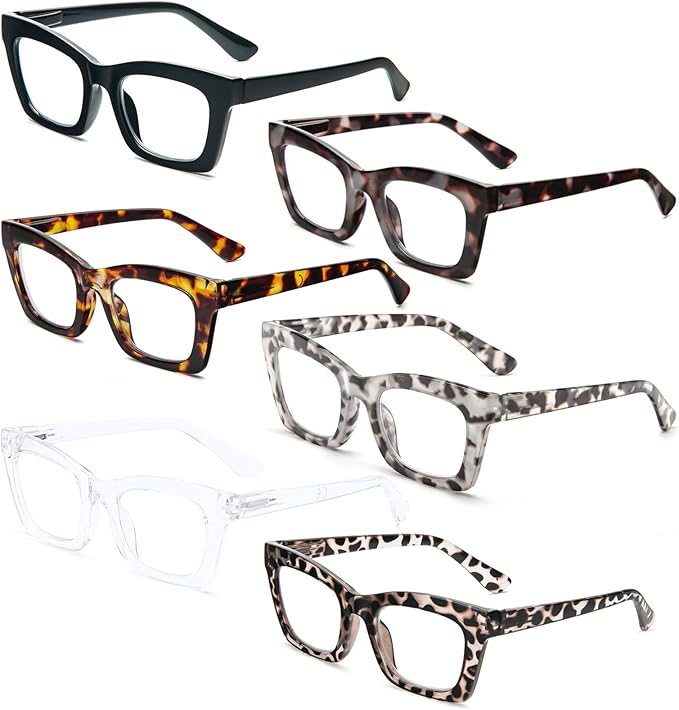 REAVEE 6 Pack Reading Glasses for Women Blue Light Blocking, Cute Square Computer Readers with Spring Hinge