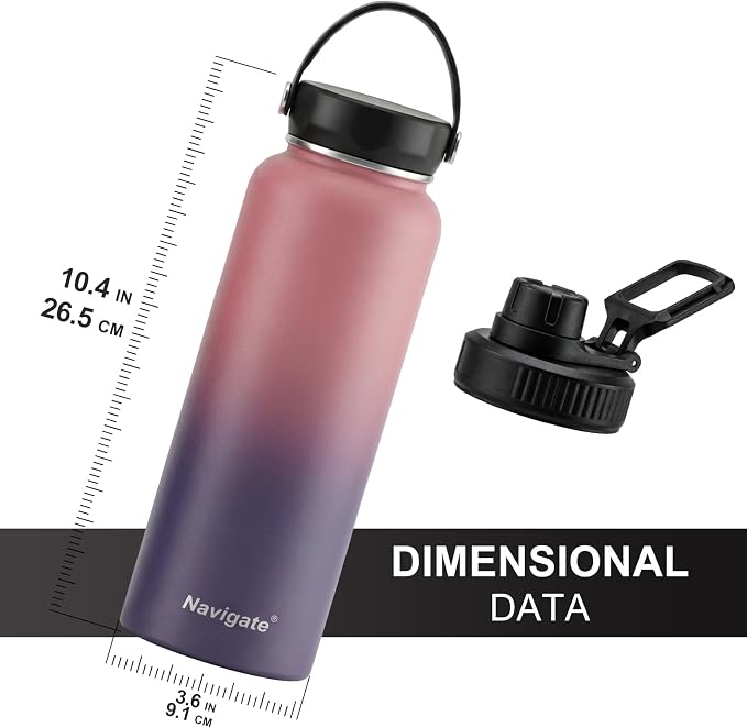 Navigate 40 oz Insulated Stainless Steel Sports Water Bottle with Spout & Handle Lids,Wide Mouth Water Jug with Double Walled Leak Proof Keep Cold for 24 Hrs Hot for 12 Hrs, Red to Black