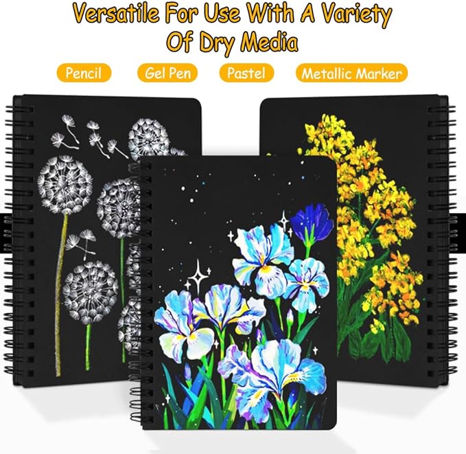 5x7in Black Paper Mixed Media Sketchbook, 110gsm Spiral Bound Art Journal Sketchbook, 70Sheets Acid-Free Travel Pocket Sketch Pad for Drawing, Illustration, Ideal for Most Dry Media