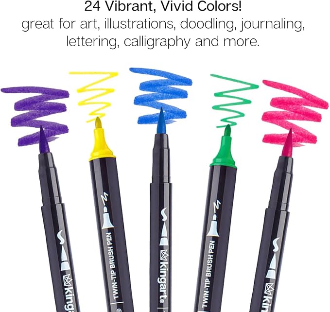 KINGART PRO 445-24 Dual Twin-Tip Brush Pens, Multicolor, 24-Colors