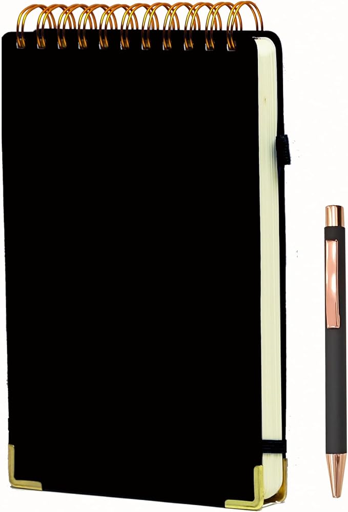 300 Pages Top Spiral Notebook 6x9 Leather Steno Pad Hardcover Steno Notebooks Top Spiral for Work Steno NotePad, 100 GSM Thick Paper, Left Handed Notebooks for Office College School, Black