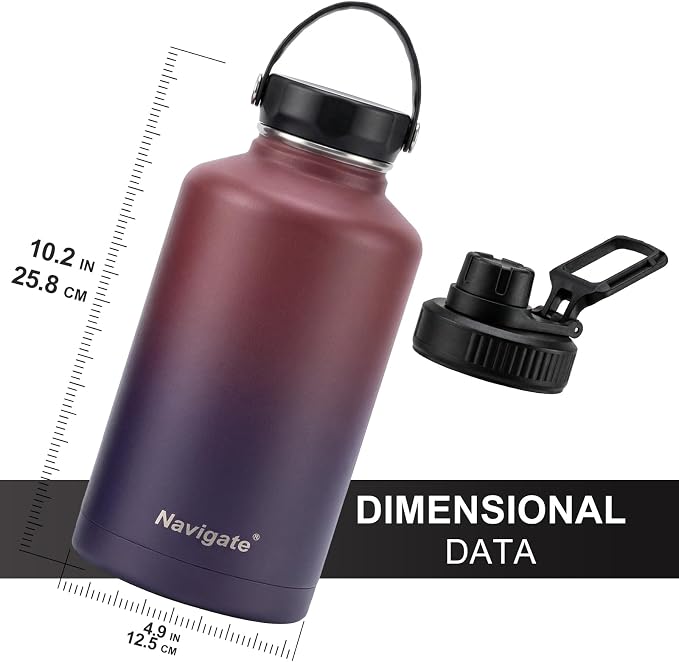 Navigate 64 oz Insulated Stainless Steel Sports Water Bottle with Spout & Handle Lids,Wide Mouth Water Jug with Double Walled Leak Proof Keep Cold for 24 Hrs Hot for 12 Hrs, Red to Black