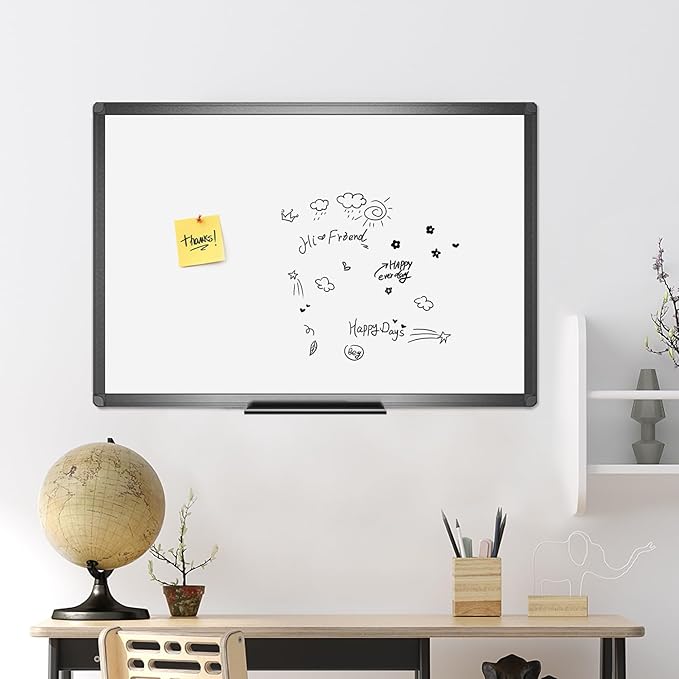 VIZ-PRO Magnetic Dry Erase White Board, 48 X 32 Inches, Black Aluminium Frame
