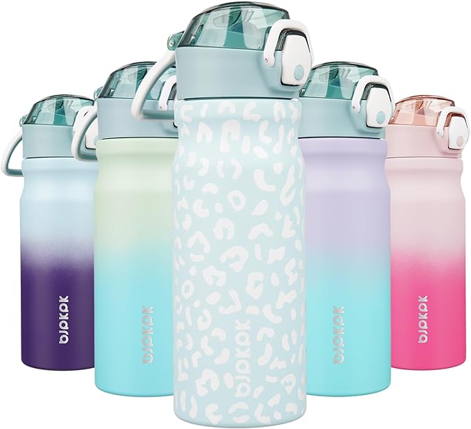 BJPKPK Insulated Water Bottle 18oz Stainless Steel Water Bottles with Straw and Carry Handle Double Wall Metal Thermal Flask,Light Blue Leopard
