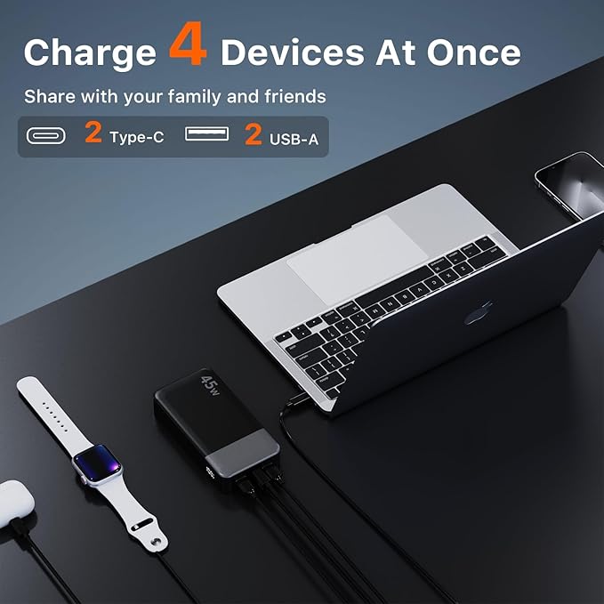 JUOVI Power Bank 45W 20000mAh Portable Charger USB C, PD QC Fast Charging 4-Port(2C+2A) External Battery Pack with LED Display, for iPhone 15 16 MacBook ipad