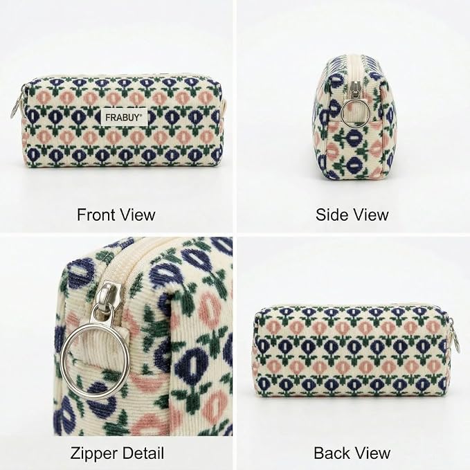 Soft Corduroy Pencil Case Pen Pouch Organizer, Small Stationery Bag | Cute little blue flower pencil pouch, smooth zipper, daily cosmetics holder, compact organizer for school teen girls, women