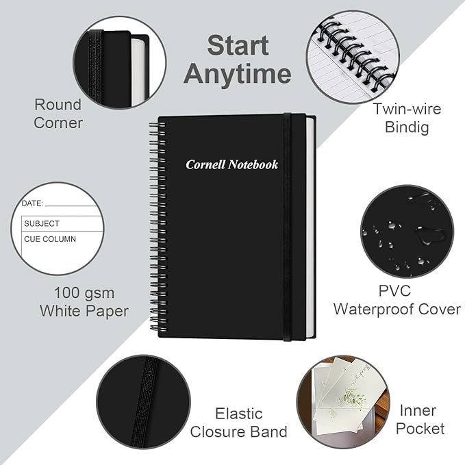 Yaridar A5 Cornell Notes Notebook - College Spiral Cornell Notebooks for Note Taking, Subject College Ruled Steno Pads for Office/School/Home, 5.8" x 8.5", Black