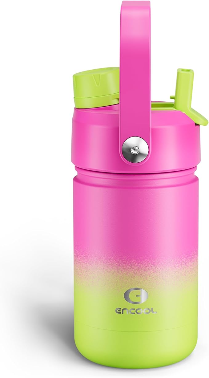 Kids Insulated Water Bottle with Straw - 12oz Stainless Steel Water Bottle with Dual Spouts, Leak-Proof, BPA-Free, Double Wall Vacuum Keeps Cold for 24 Hours for Sports, Travel, School (Lime Sorbet)