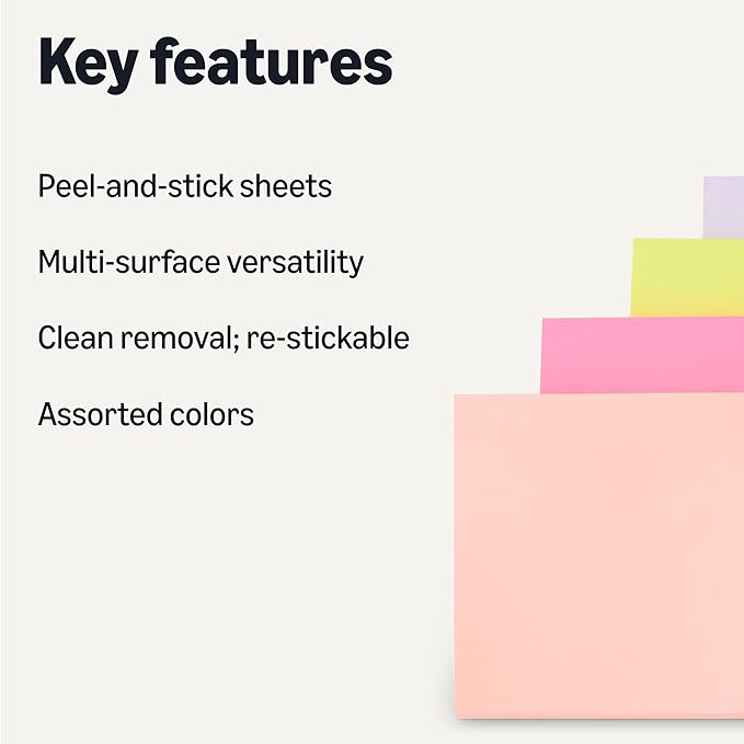 Amazon Basics Square Sticky Notes, Self-Stick Pads, 3 x 3 inches, Assorted Colors, 24-Pack