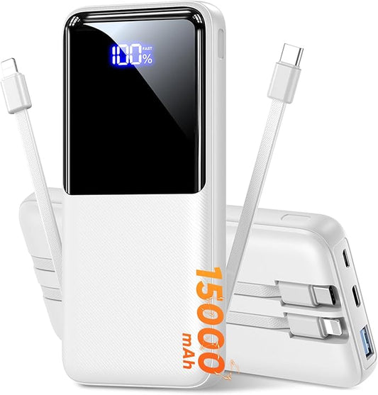 Portable Charger Power Bank, 50% Larger Capacity 15000mAh Battery Pack with Built in Cable, 22.5W Fast Charging Travel Camping Essential Powerbank for iPhone 17 16 Pro iPad Samsung S26 Google etc