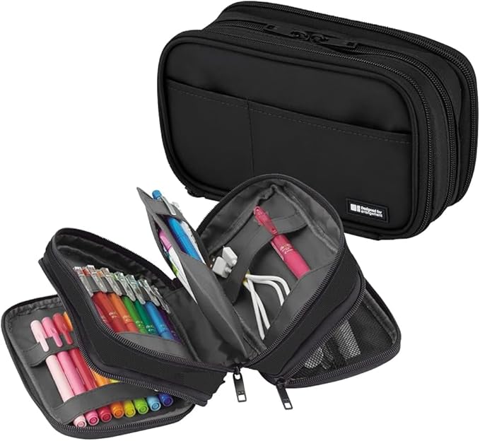 LIHIT LAB Large Capacity Triple Zipper Pencil Case For School Office College, Big Capacity 8 Compartments Pencil Bag Holder Adults Teen Boys Girls, Travel Cosmetics Storage, Jet Black (A7556-124)