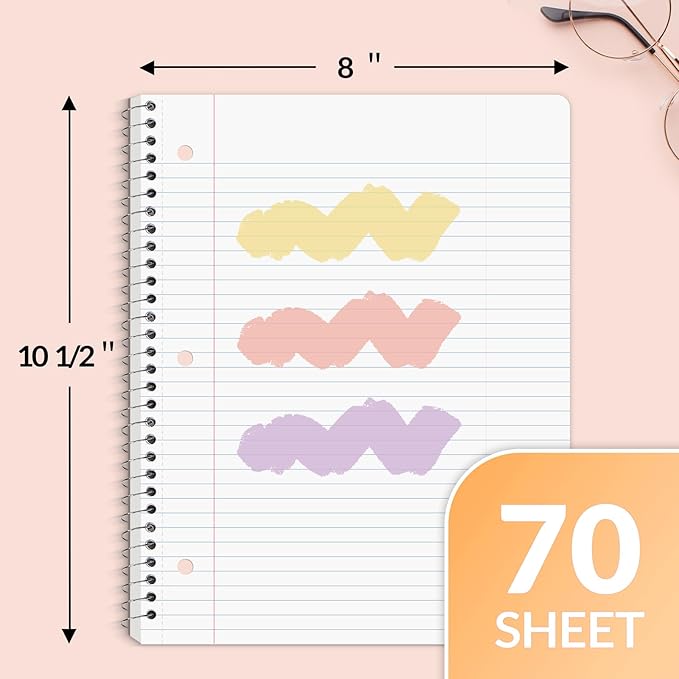 SUNEE Spiral Notebooks, 3 Pack, 1-Subject, College Ruled Paper, 8" x 10-1/2", 70 Sheets per Notebook, Pastel Colors Spiral Notebooks for School
