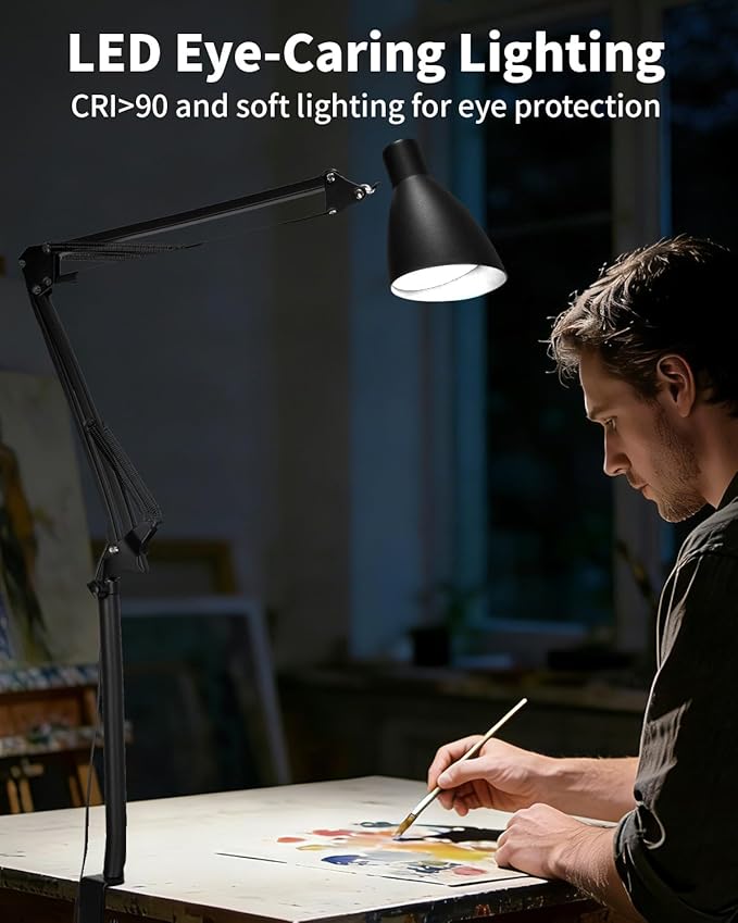 Led Desk Lamp for Home Office - Adjustable Gooseneck Table Stand with Clamp 5 Color Modes and 10 Brightness for Architect Puzzle Light Reading Craft Computer Work Study Sewing(Extra Tall Black)