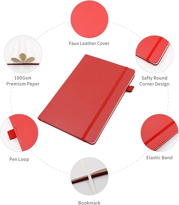 Lined Journal Notebooks with Pen Loop, Hardcover Notebook Journal for Work, 100Gsm Premium Thick Paper with Inner Pocket, Medium 5.7''''x8.4'''', ?bright Red, Ruled, 1 Pack