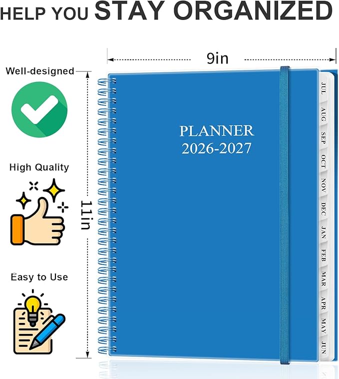 Academic Planner 2026-2027 - Weekly & Monthly Planner from July 2026 to June 2027, Agenda 2026 2027 with Inner Pocket, Elastic Band, 8.5" x 11", Blue