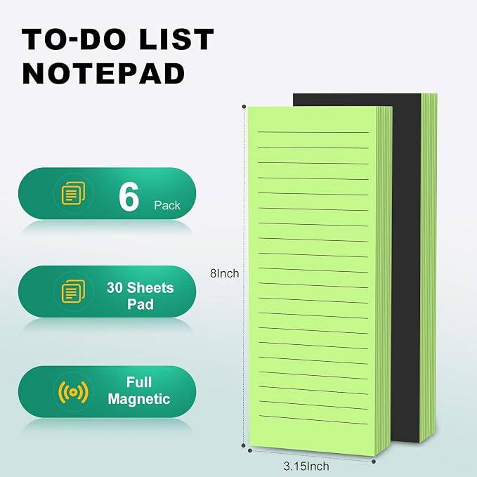 Magnetic Notepads Note Pads for Fridge with Full Magnet Back, 180 Sheets Green Lined Refrigerator Notepad, 30 Sheets Per Pad for Grocery List, Shopping List, Office, Home, To-Do Lists & Memos