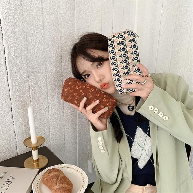 Cute Pencil Case Aesthetic Student Pencil Pouch Coin Pen Pouch Cosmetic Bag Office Stationery Organizer For Kids Teen School (Flowers-E)