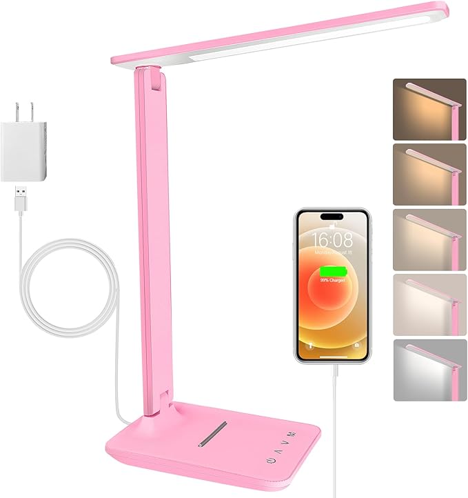 shinelife LED Desk Lamp for Office Home, Bright Desk Light with USB Charging Port, Adjustable Dimmable Desk Lamps 5 Modes 5 Brightness, Touch Study Lamp for Nail, Craft, Puzzle, Sewing, Study, Pink
