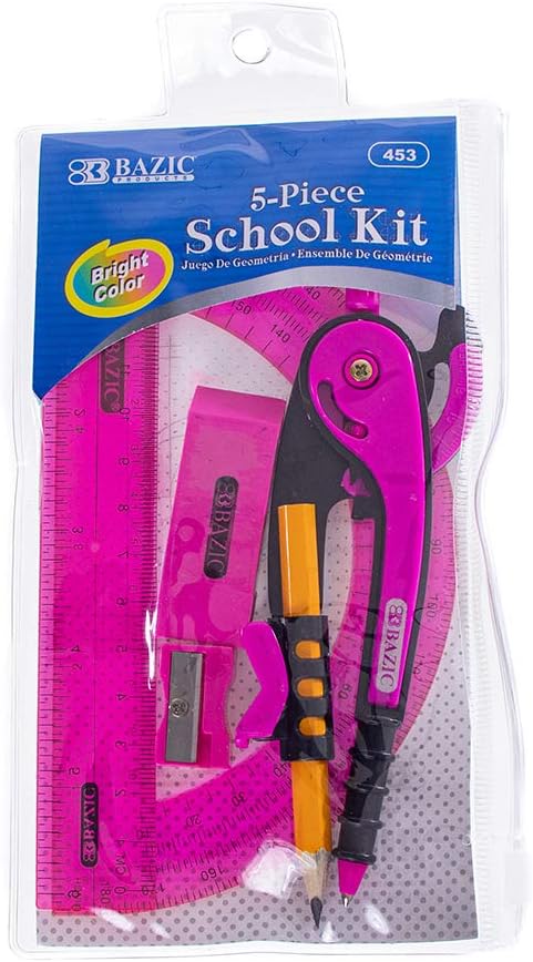 West Coast Paracord 5 Piece School Kit with Zipper Pouch – Colored Compass, Protractor, Ruler, Eraser, Sharpener – Geometry and Math Tool Set (Pink)