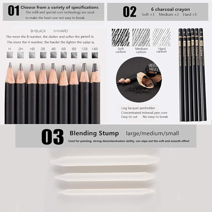Sketching Pencils Set, Metal Box Packaging, Including Graphite Pencils、Charcoal Pencils、Blending Stumps and other tools for drawing (A set with 29pieces).