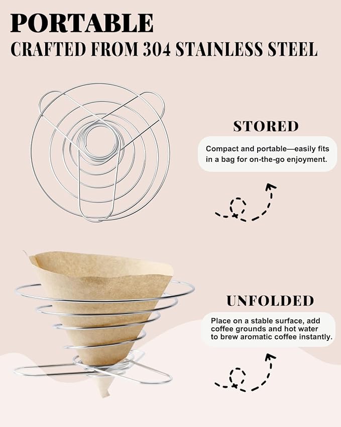 Travel Pour Over Coffee Maker, Collapsible Folding Stainless Steel Coffee Filter Holder, Travel Pour Over with Holder Bag, V02 Paper Filters for Camping, Hiking, Office