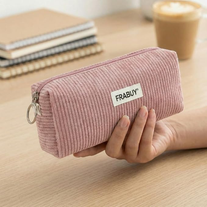 Soft Corduroy Pencil Case Pen Pouch Organizer, Small Stationery Bag | Cute pink pencil pouch, smooth zipper, daily cosmetics holder, compact organizer for school teen girls, women