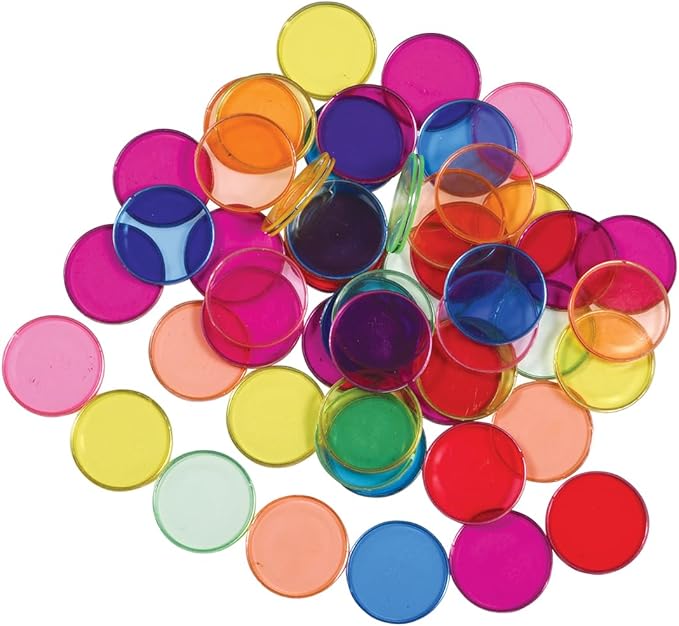 LEARNING ADVANTAGE Transparent Plastic Counters | Steel-Ringed | Set of 50 | Assorted Colors | Great for Kindergarten, Sensory Play and Light Panels
