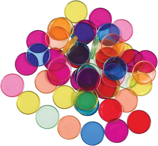 LEARNING ADVANTAGE Transparent Plastic Counters | Steel-Ringed | Set of 50 | Assorted Colors | Great for Kindergarten, Sensory Play and Light Panels