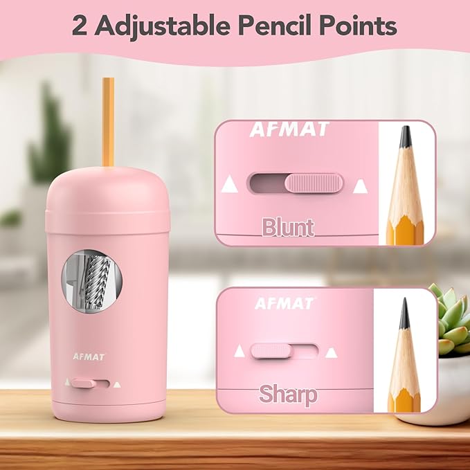 AFMAT Electric Pencil Sharpener, Fully Automatic Pencil Sharpener for 7-8mm Pencils & Colored Pencils, Auto in & Out, Rechargeable Vertical Hands-Free Sharpeners for Classroom/Home/Office PSX7(Pink)