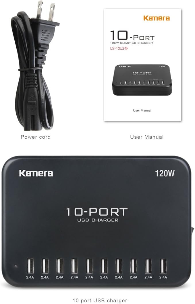 USB Charger 10-Port 120W, Multi-Port USB Charging Hub 24A Desktop Power Station for iPhone X/8/7/6S/6 Plus/5S, Ipad Pro/Air2/ Mini, Galaxy S9/S8/S6 Edge