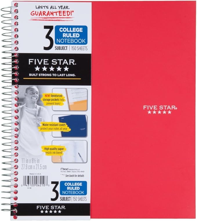 Five Star 06210 Wirebound 3-Subject Notebook, College Rule, 11 x 8 1/2, 150 Sheets, Assorted (Pack of 2)