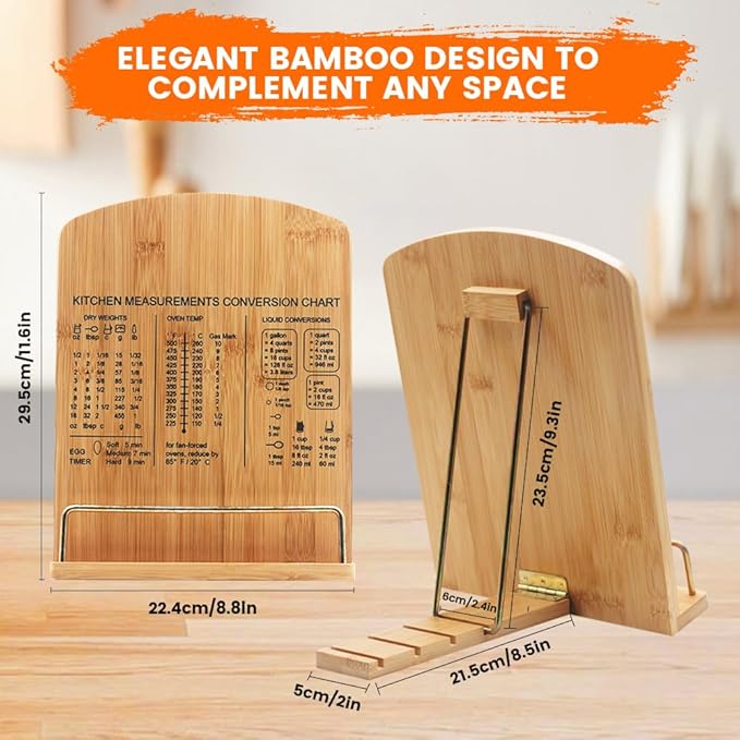 Adjustable Bamboo Cookbook Stand for Kitchen Counter – Multi-Functional Recipe Holder for Tablets, Cookbooks, Magazines & Textbooks – Perfect Kitchen Gift for Women (Plain)