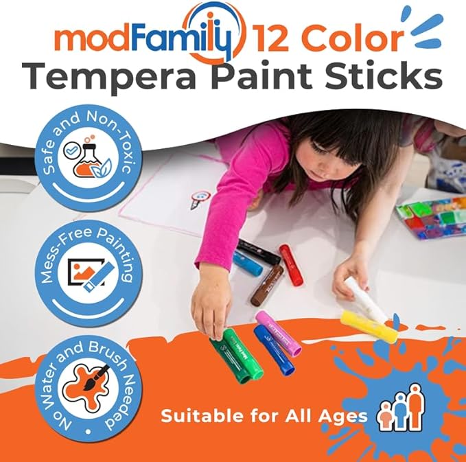 Washable Tempera Paint Sticks for Kids 12 Count - ModFamily Mod Paint Sticks- Non-Toxic Quick-Drying Paint Markers, Mess-Free Art Set for Toddlers & Children – No Water or Brushes Needed