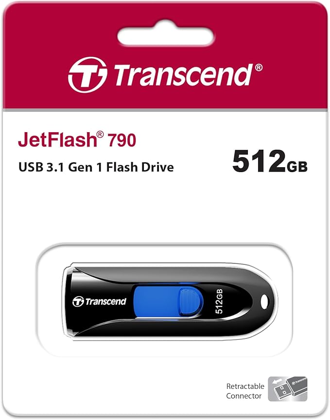 Transcend JF790 512GB USB Flash Drive, for PC/Mac/Laptop/Windows/Computer/Desktop/TV/Car Audio, USB3.2 Gen1 Memory Stick, Thumb Drives Data Storage w/Retractable Connector, USB2.0/3.0/3.1 Compatible